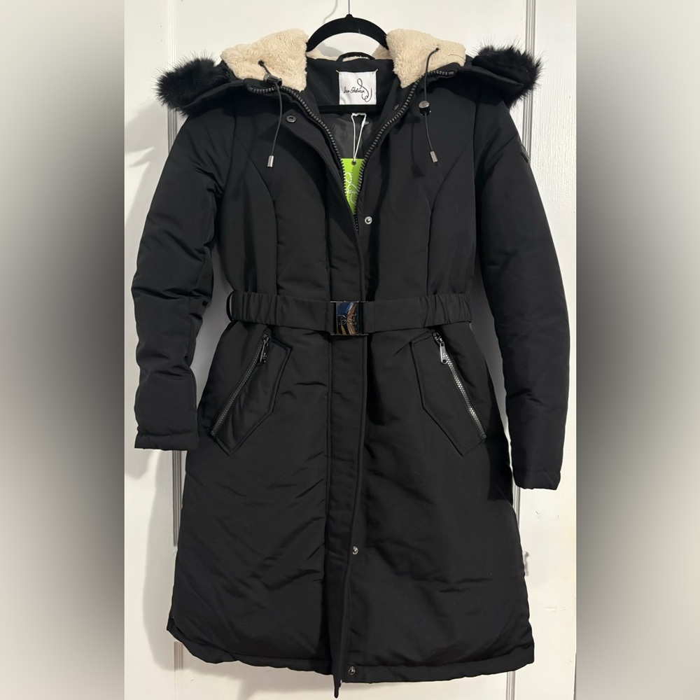 Sam Edelman Black Long Belted Parka Coat with Faux-Fur Trim & Shearling Hood